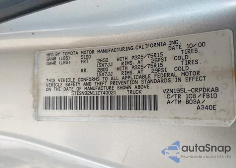 2001 Toyota Tacoma Prerunner V6 из США, поврежденный, VIN 5TESN92N11Z740021